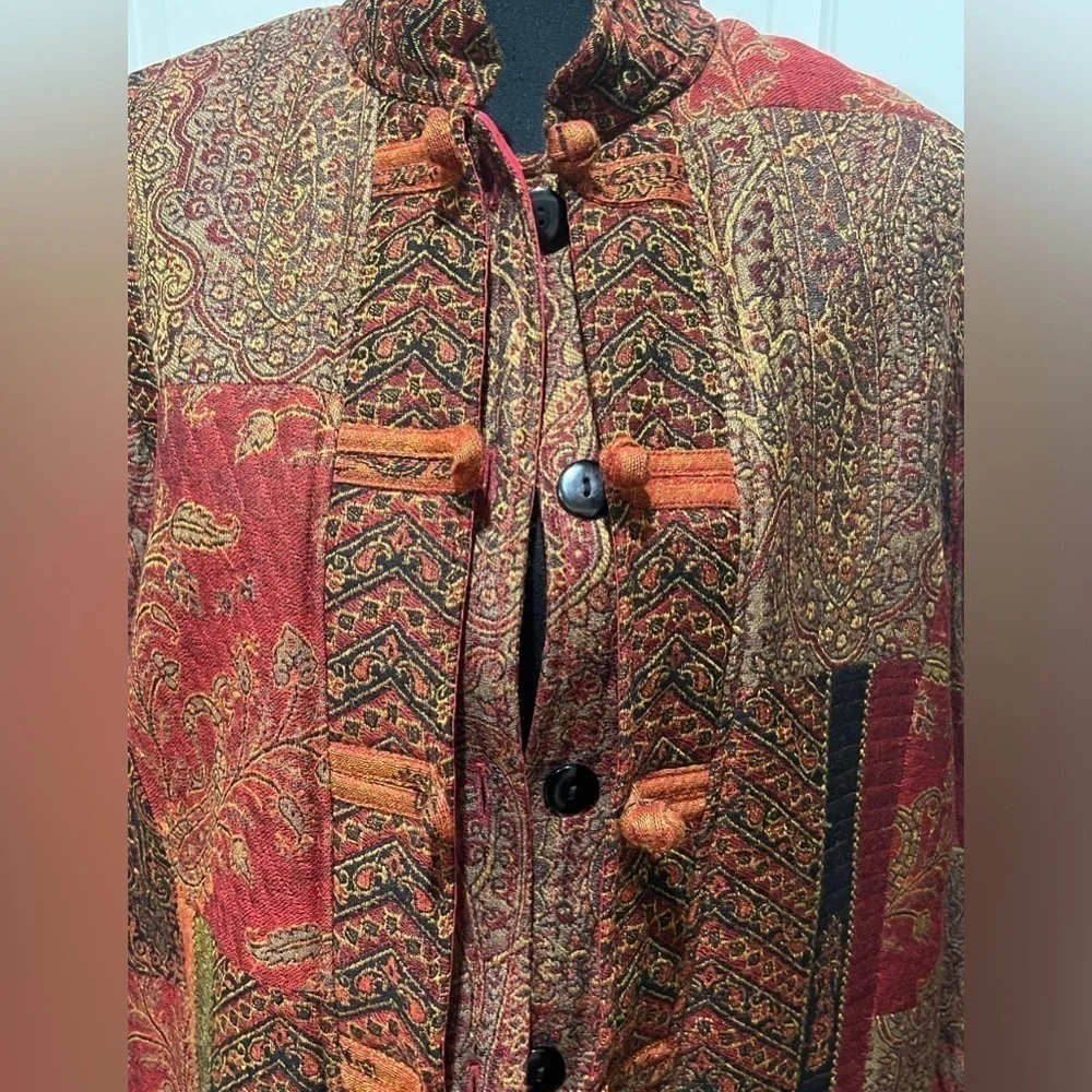 CHICO’S BOHO TAPESTRY PATCHWORK WOOL COAT, 3/4 LENGTH SIZE 1=( M—8)